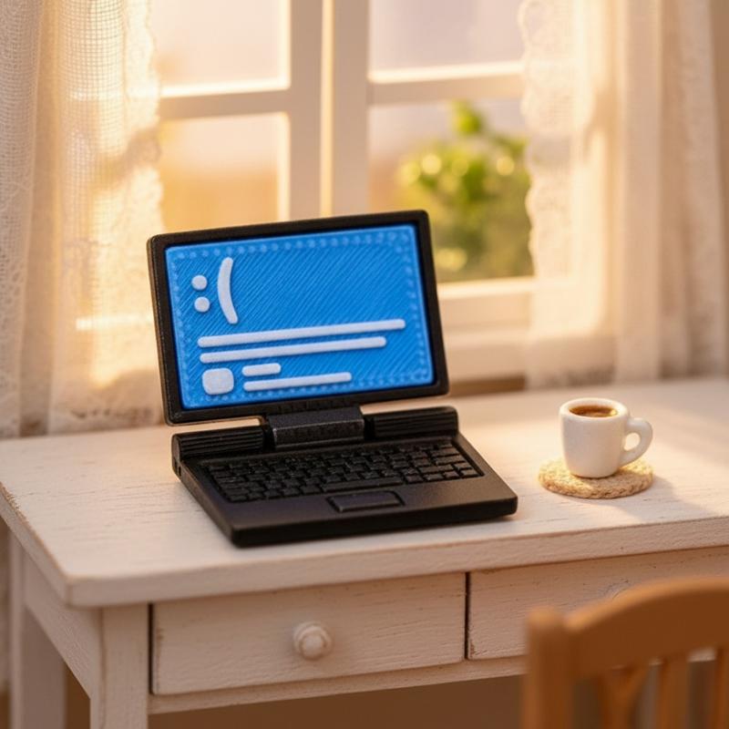Modèle d’ordinateur portable miniature noir avec un écran bleu affichant une interface simple sur un bureau blanc, pour un usage dans une maison de poupée au format 1/12.