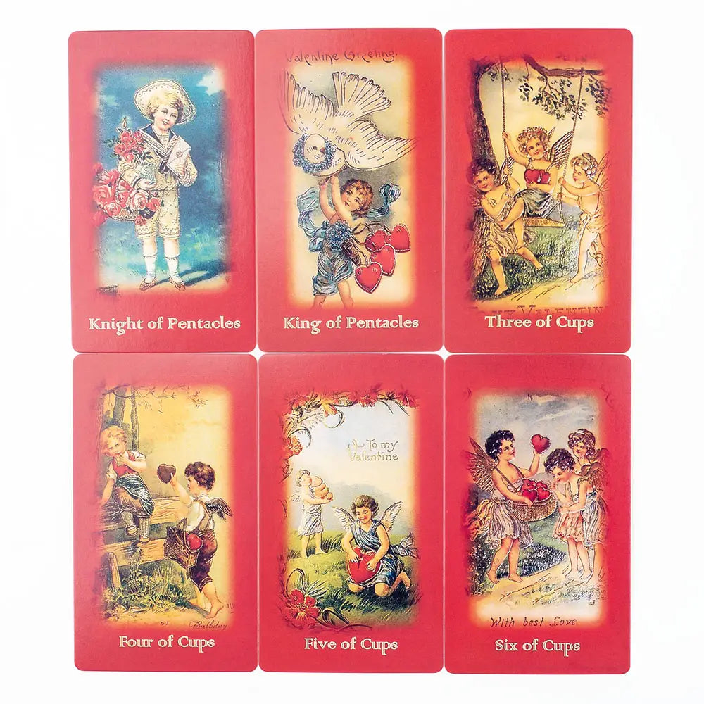 Set of six vintage-style valentine tarot deck love oracle cards featuring red borders and illustrated designs with cherubs doves and cup symbols.