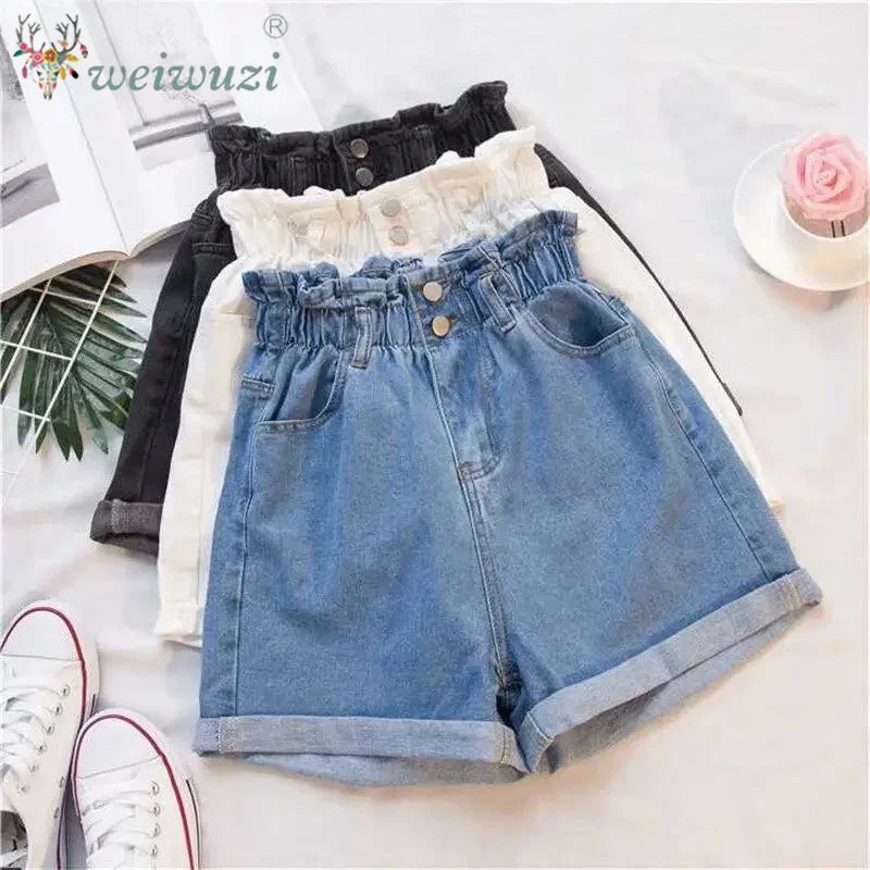 Women Casual High Waist Denim Shorts Elastic Waist Comfortable Wide Leg Rolled Hem Jean Shorts Girls Summer Vacation Streetwear