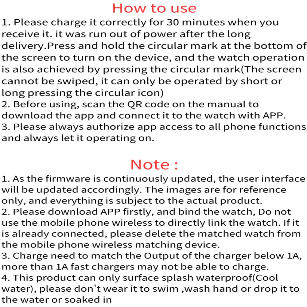 The image displays instructions for charging and connecting the app of a smart watch fitness tracker bluetooth sport bracelet designed for health monitoring and activity tracking.