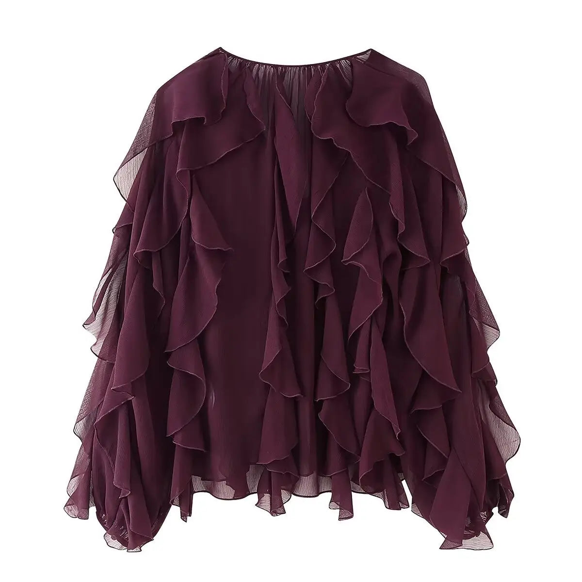 a flowing deep burgundy chiffon ruffle shirt long sleeve blouse featuring cascading ruffles and a sheer mesh overlay