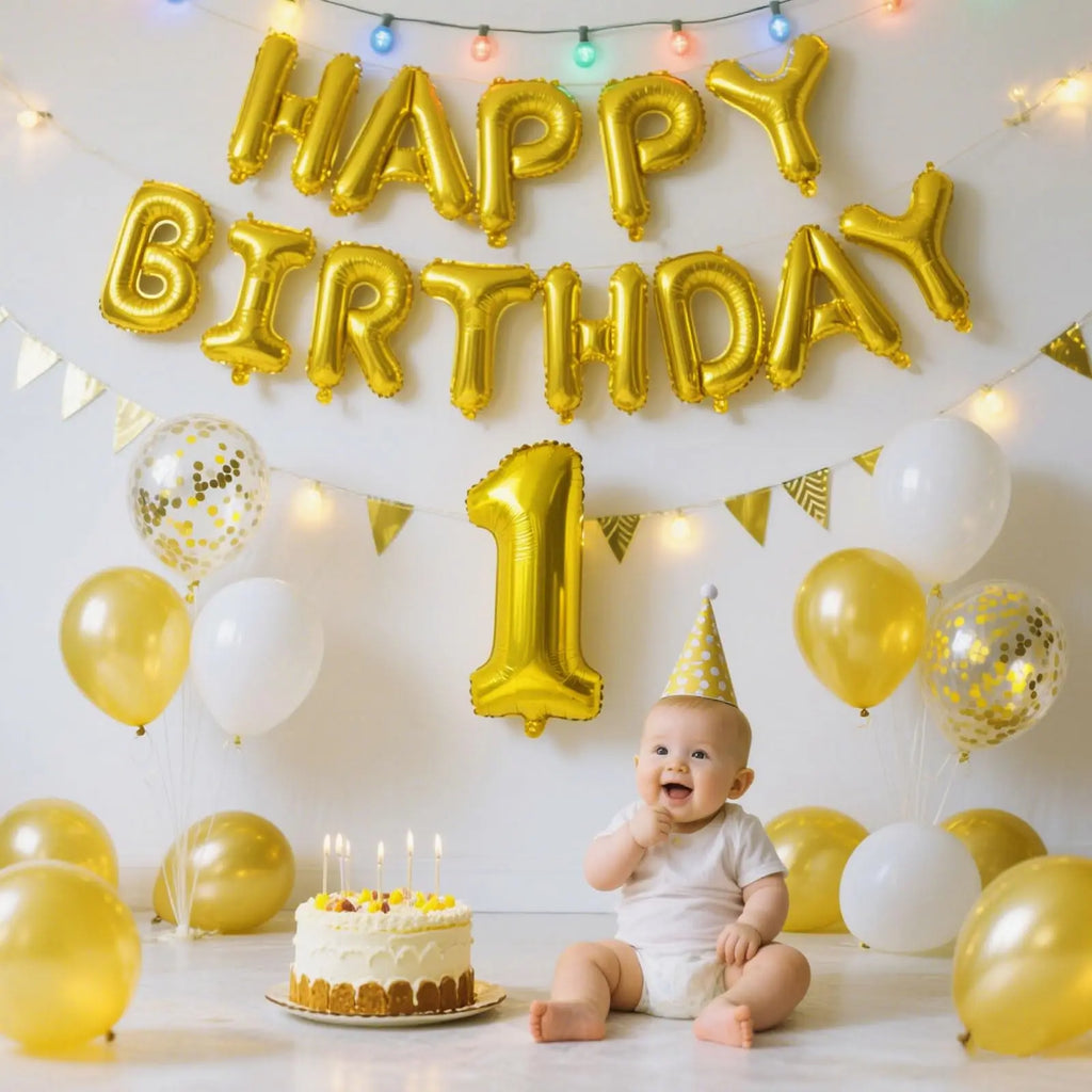 Gold Blue Happy Birthday Balloon 16Inch Foil Letters Birthday Sign Banner Bunting for Girls Boys Kids Adults Birthday Decoration
