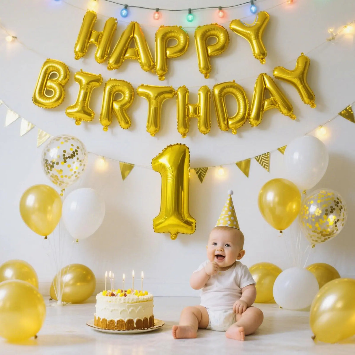 Gold Blue Happy Birthday Balloon 16Inch Foil Letters Birthday Sign Banner Bunting for Girls Boys Kids Adults Birthday Decoration