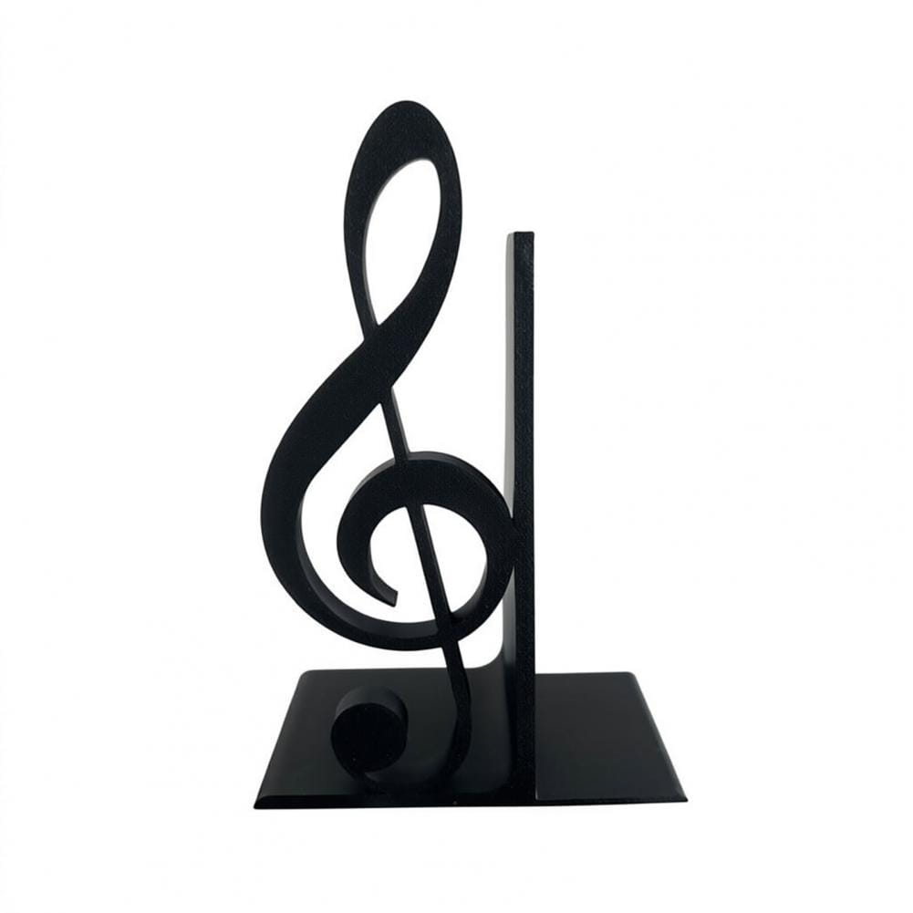 Buchstütze aus schwarzem Metall im Stil eines Violinschlüssels für „Violinschlüssel-Buchstützen“: 3D-gedruckte Musikdekoration.