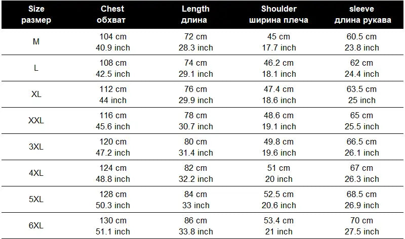 Size chart for men cotton casual long sleeve military cargo shirt showing measurements in english and russian units for sizes m to 6xl.