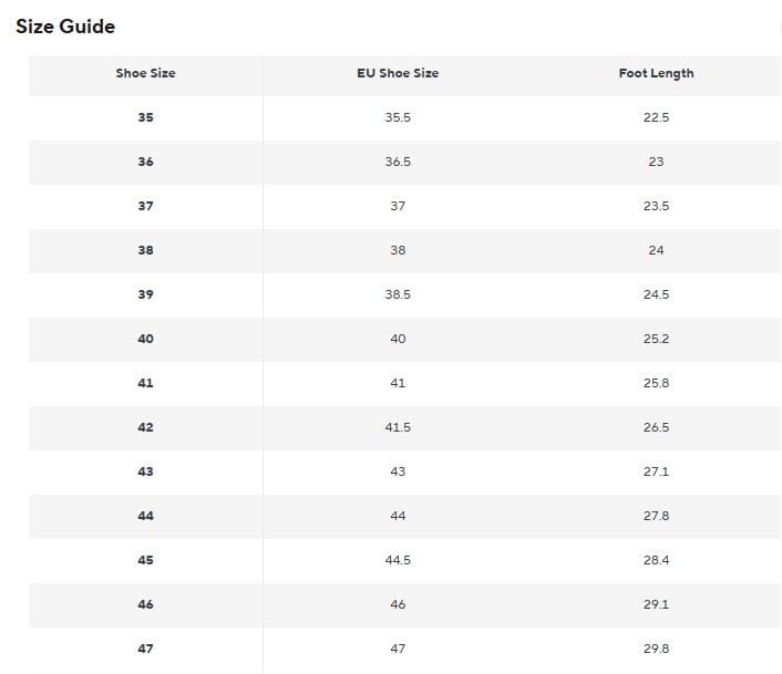 Size guide chart displaying shoe sizes in US, EU, and foot length measurements for men black leather chunky sole sneakers.