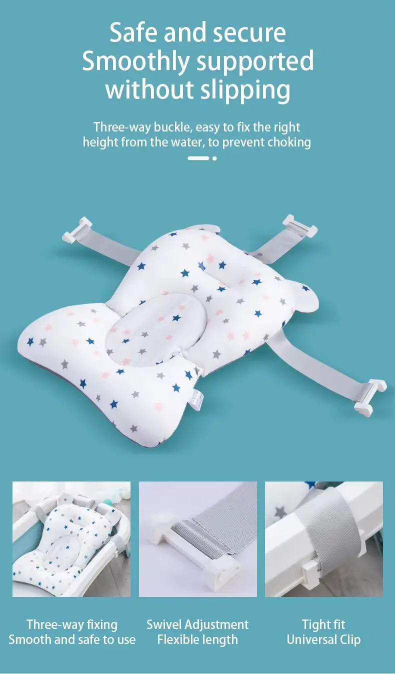 Baby bath seat floating newborn tub support cushion with white star-patterned fabric, adjustable straps, and a three-way buckle for secure bathing.
