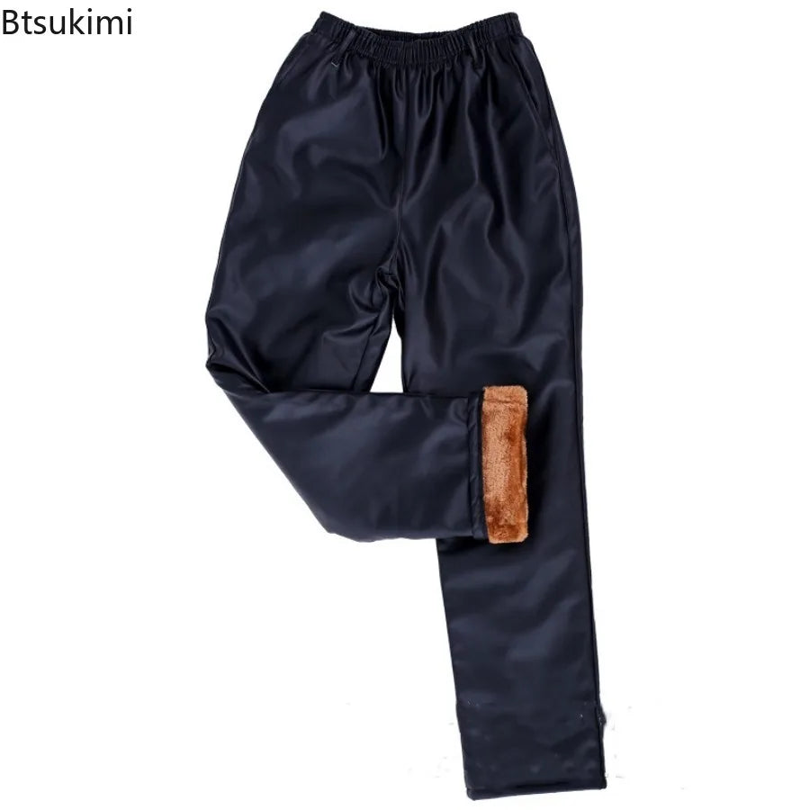 New Men's Leather Pants Business Casual PU Leather Trousers Autumn Winter Outdoor Thicken Warm Windproof Motorcycle Riding Pants