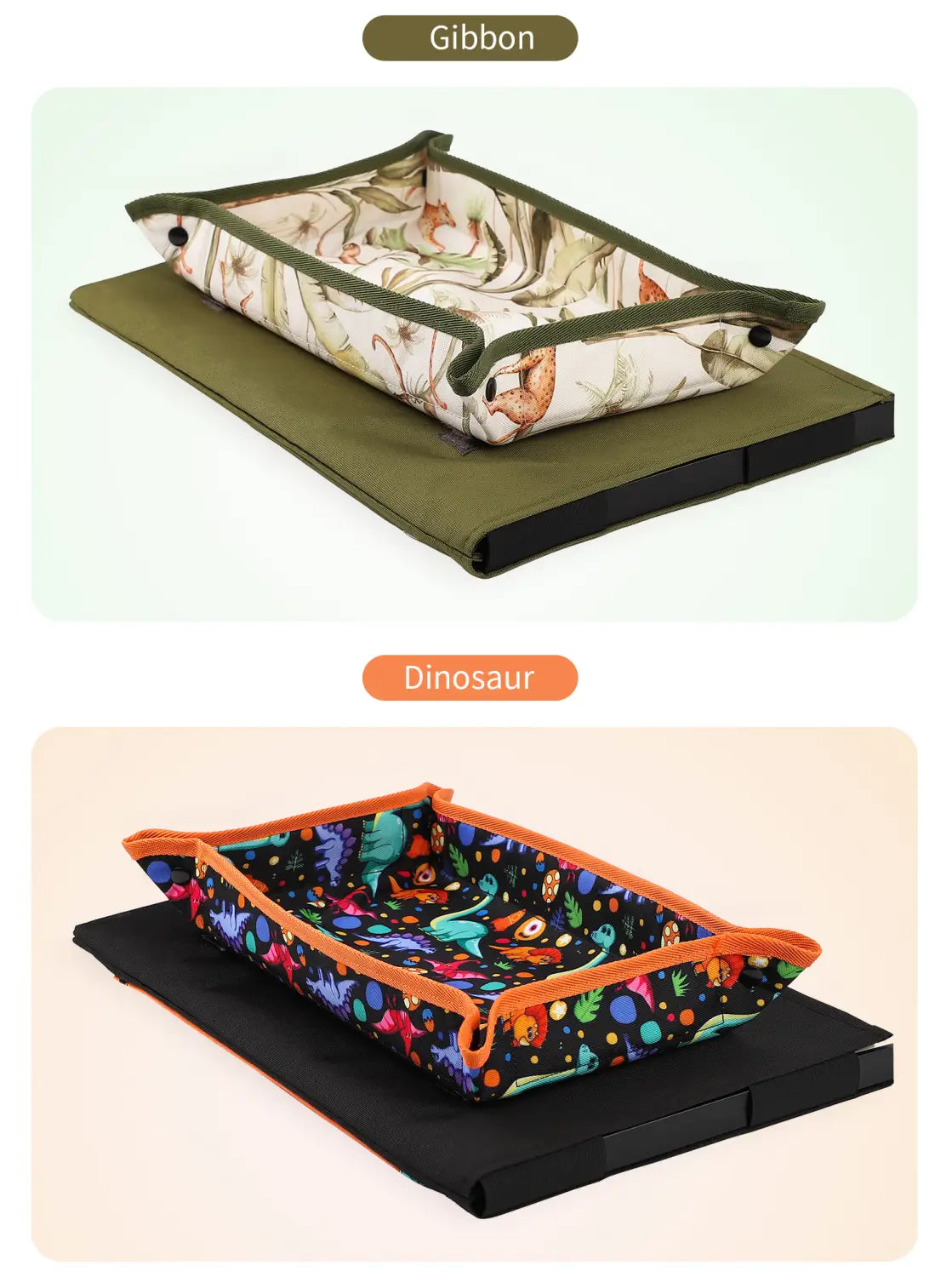 Das Kinder-Flugzeug-Ablagetablett-Alpaka-Lap-Desk verfügt über ein Haustierbett aus olivgrünem Stoff mit einer weichen, gemusterten Innenseite, die mit Dinosauriermotiven bestickt ist, und ist mit passendem Bandbesatz eingefasst.