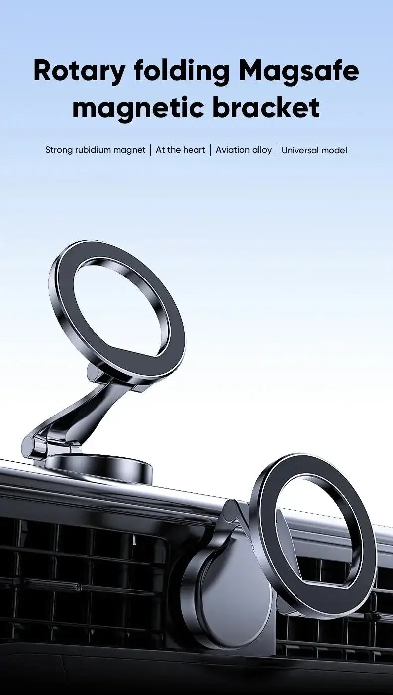 Silver rotary folding aluminum alloy phone holder with magnetic bracket and aviation alloy construction for a modern phone stand design.