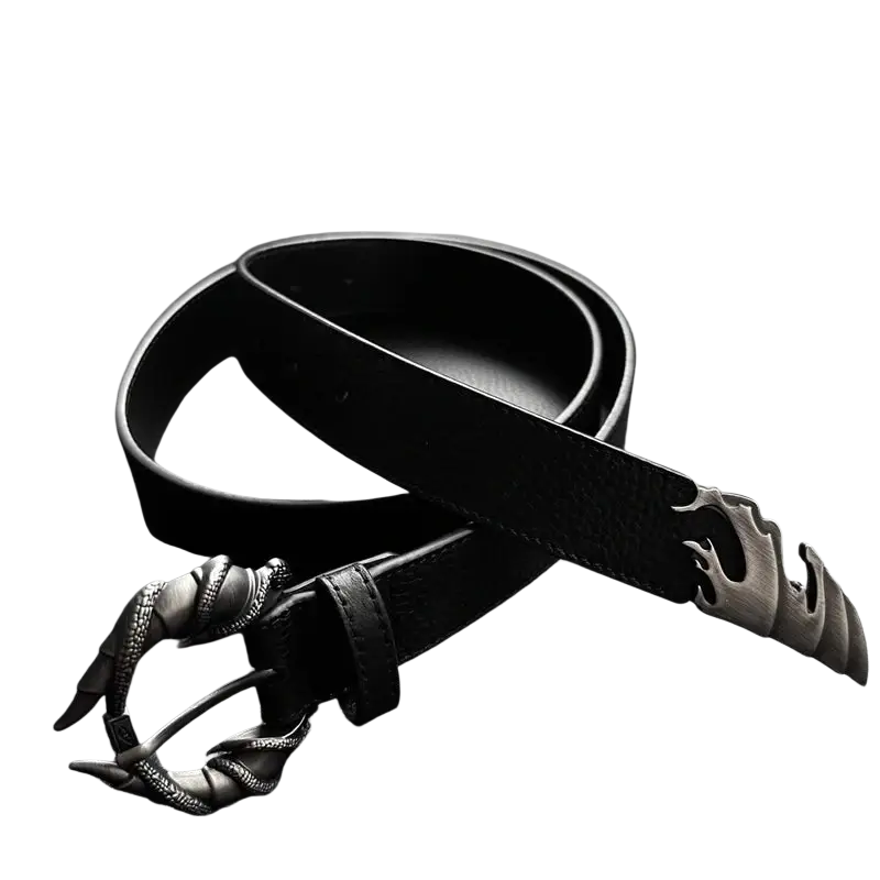 Black leather gothic dragon buckle belt featuring a detailed silver-toned dragon claw as a plus size y2k decoration