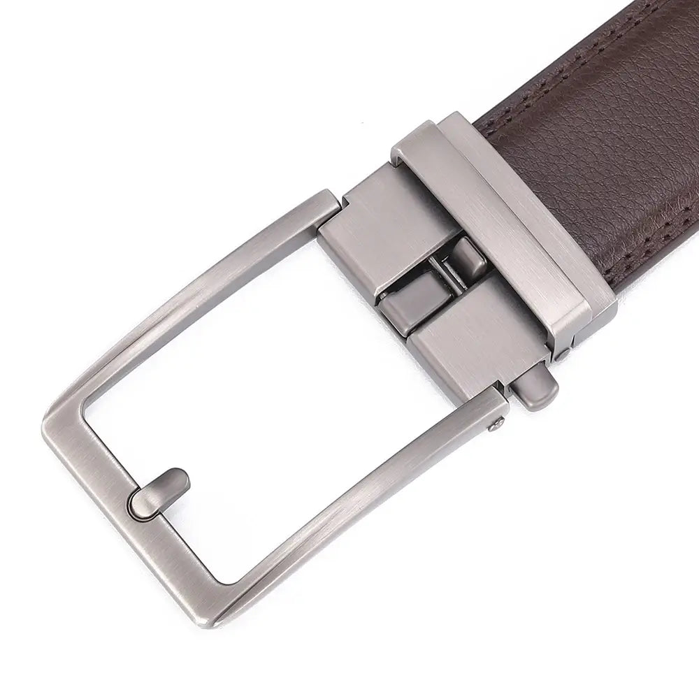 Automatic buckle leather mens belt featuring a silver-toned metal buckle with a sleek rectangular design and a brown leather strap.