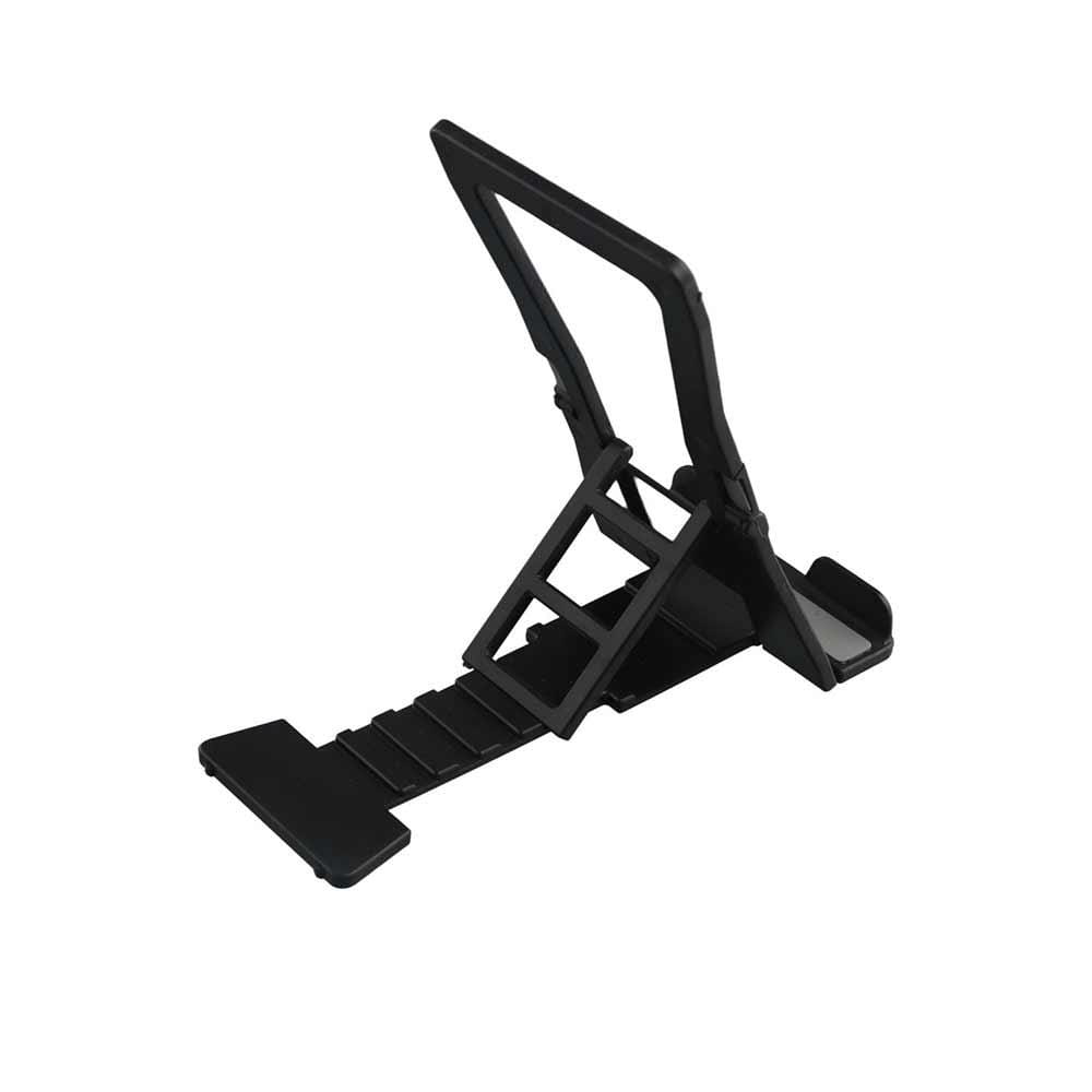 support de téléphone et tablette de bureau réglable en plastique noir avec angle réglable et base à prise texturée.