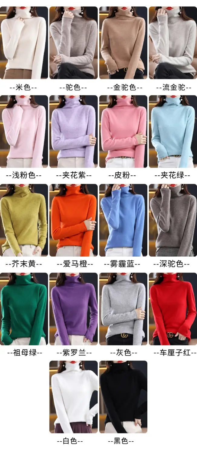 A collection of soft merino wool turtleneck sweaters for women in various solid colors including beige pink lavender orange blue green purple gray red white and black.
