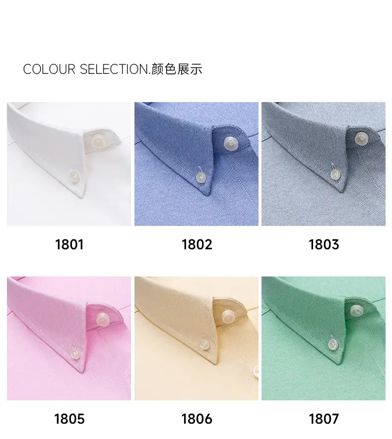 Men cotton oxford long sleeve casual shirts with button-down collars displayed in six solid colors including white blue gray pink beige and green.