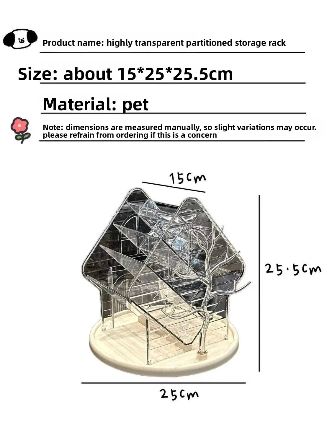 Organisateur de maquillage en acrylique transparent rotatif, avec un rayonnage de rangement transparent hautement divisé, une conception intérieure de type arbre et une base en matériau PET transparent.