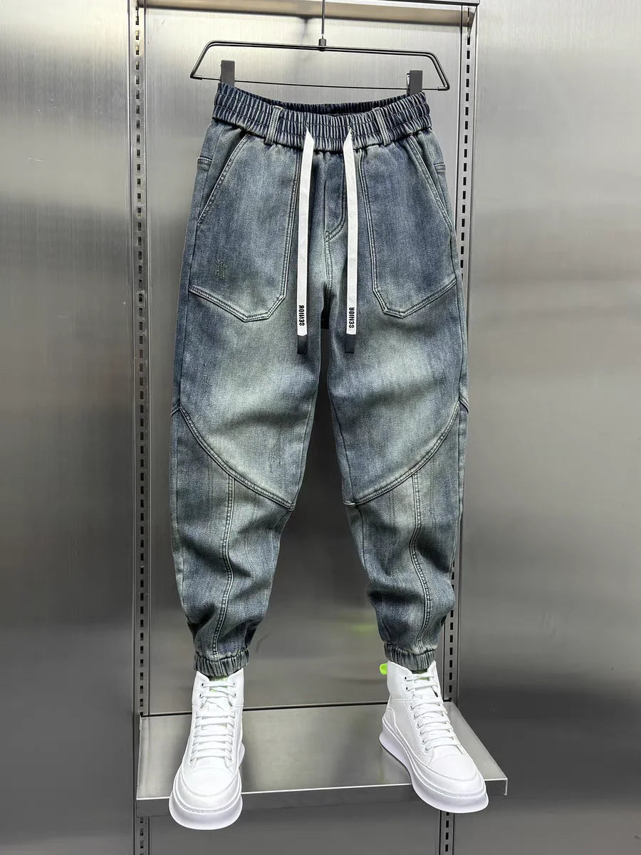 Blue Denim Jeans Loose Harem Pants Elastic Waist Cuffs Casual Spring Autumn Luxury Clothing Men korean 2024 New Men's Fashion
