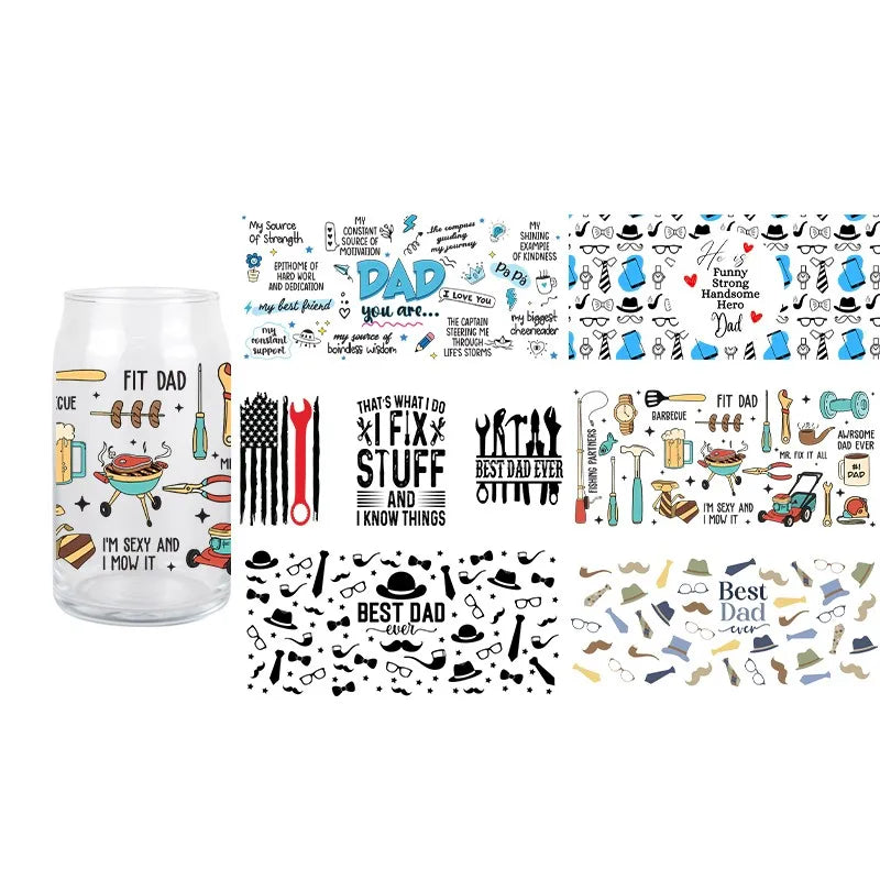 Father's Day UV DTF 3D DIY Cartoon Patter Transfer Sticker Wraps Cup High Quality Durable Waterproof Decals