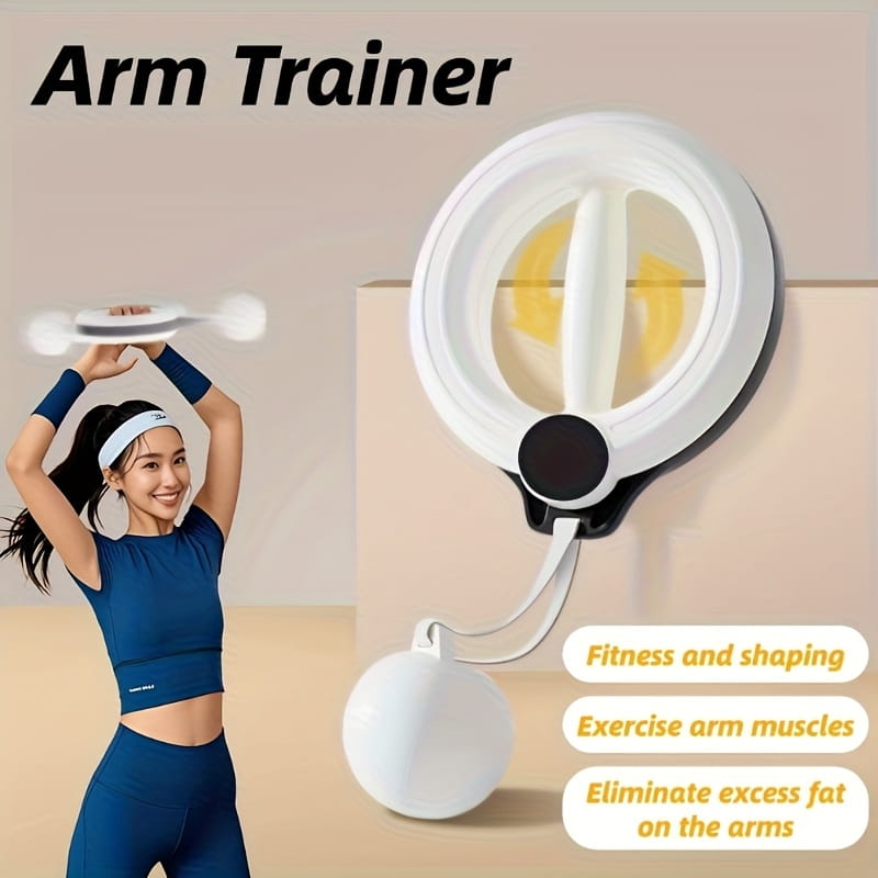 White and black rotary handheld arm fitness machine with a circular handle, adjustable resistance weights, and an attached ball for fitness and shaping