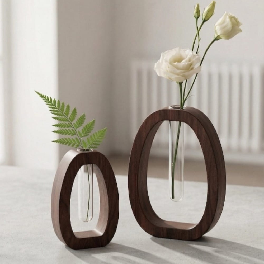Dark wood oval-shaped wooden hydroponic glass tube vases with clear glass tubes holding white flowers and green fern for desktop planter use.