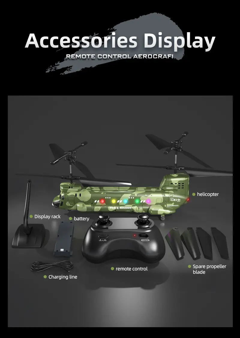 Helicóptero teledirigido de camuflaje verde con luces LED, diseñado para fotografía aérea y para el desarrollo de habilidades.