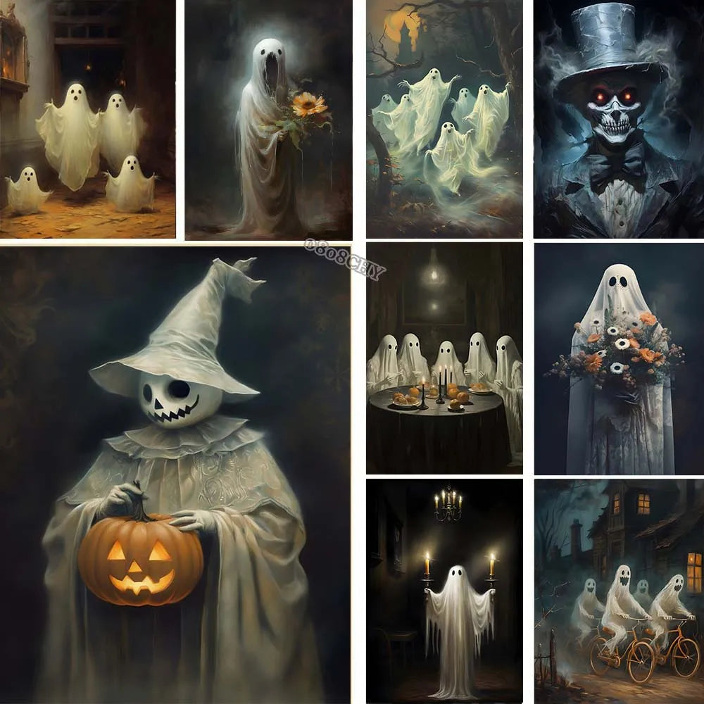 Halloween Mural Ghost with Pumpkin,flowers Portrait Posters Canvas Prints Painting Gothic Painting Haunted House, Dark Academ