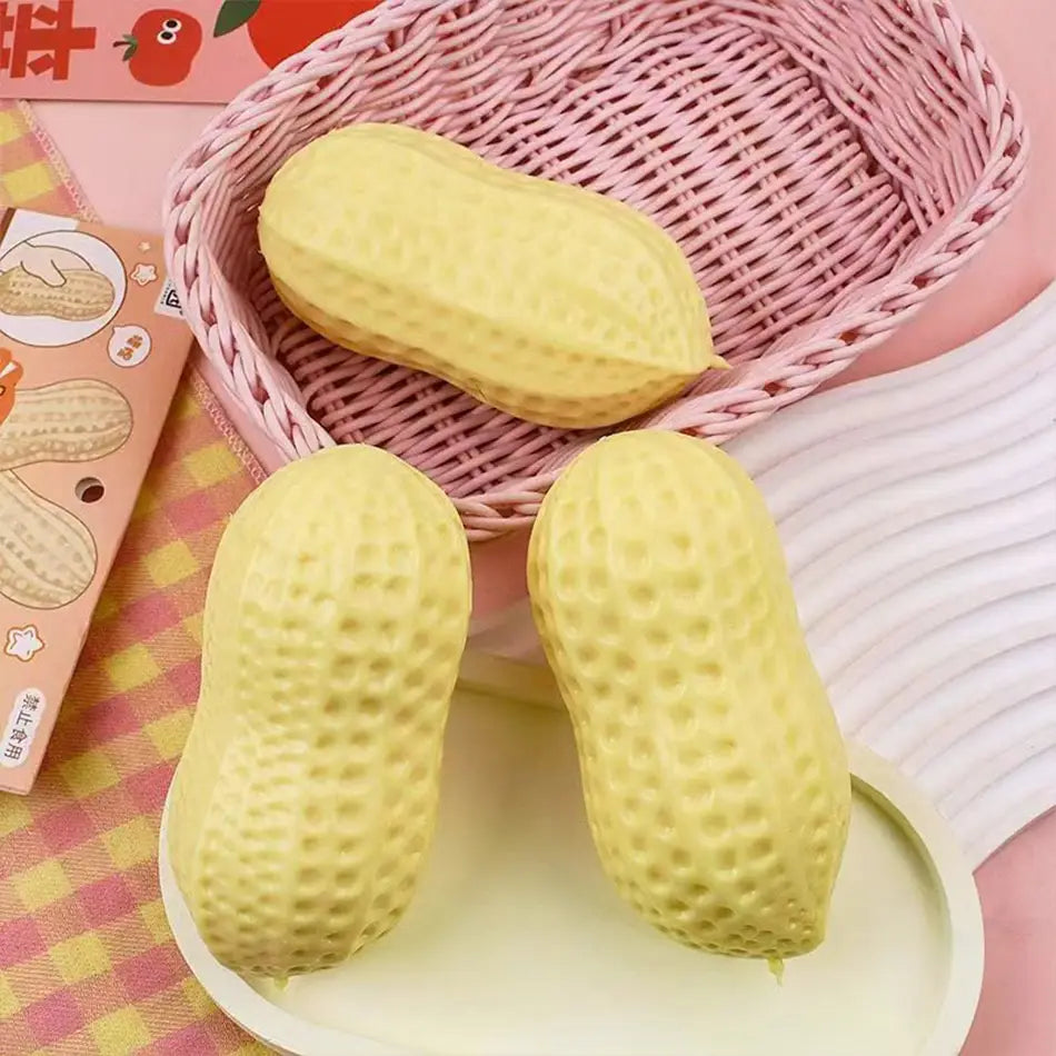 yellow textured peanut-shaped soap ball stress relief fidget toys displayed in a pink woven basket