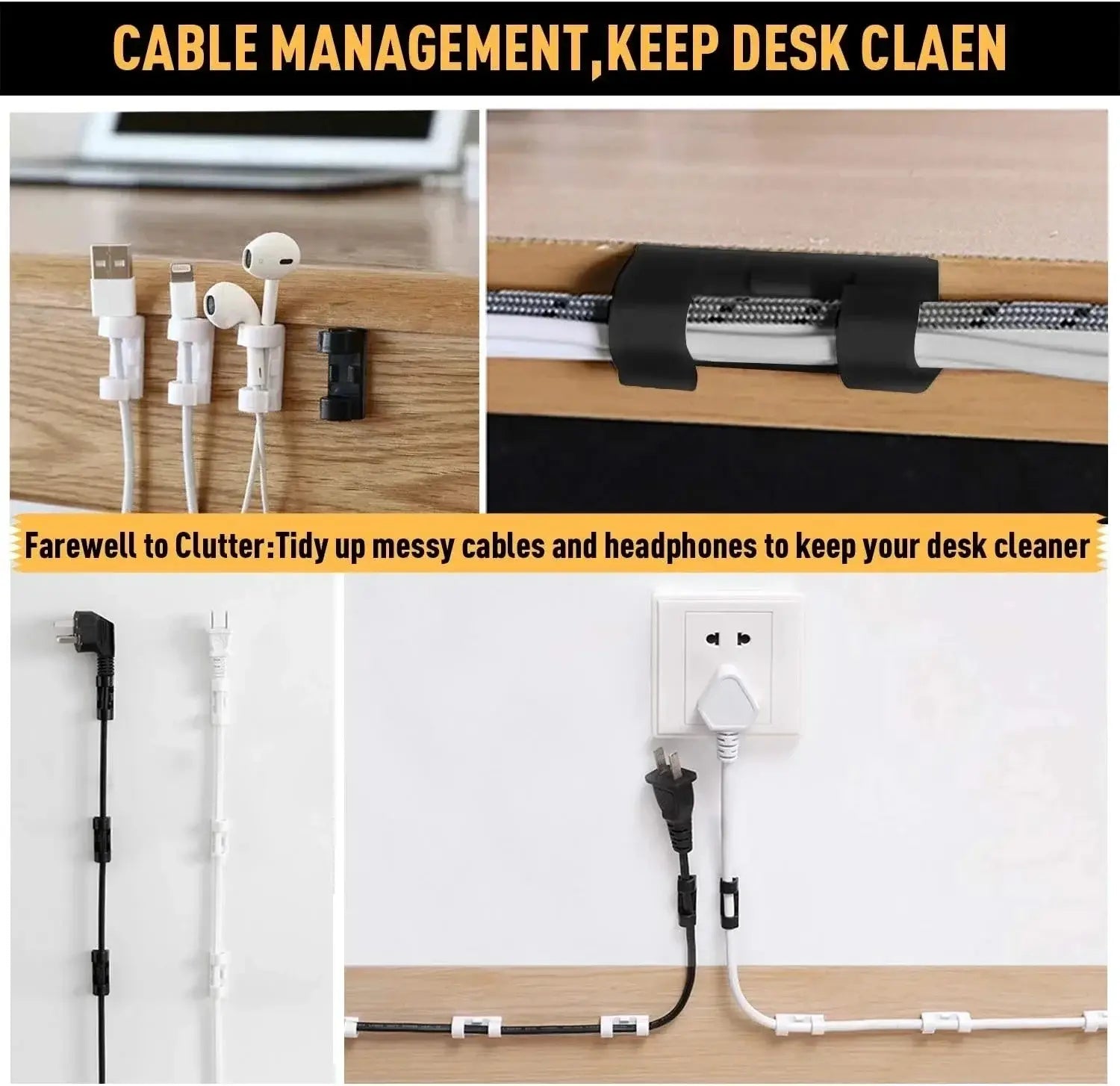 Black and white cable clips organizer 60-piece set made of durable plastic for organizing desk cords and headphones.