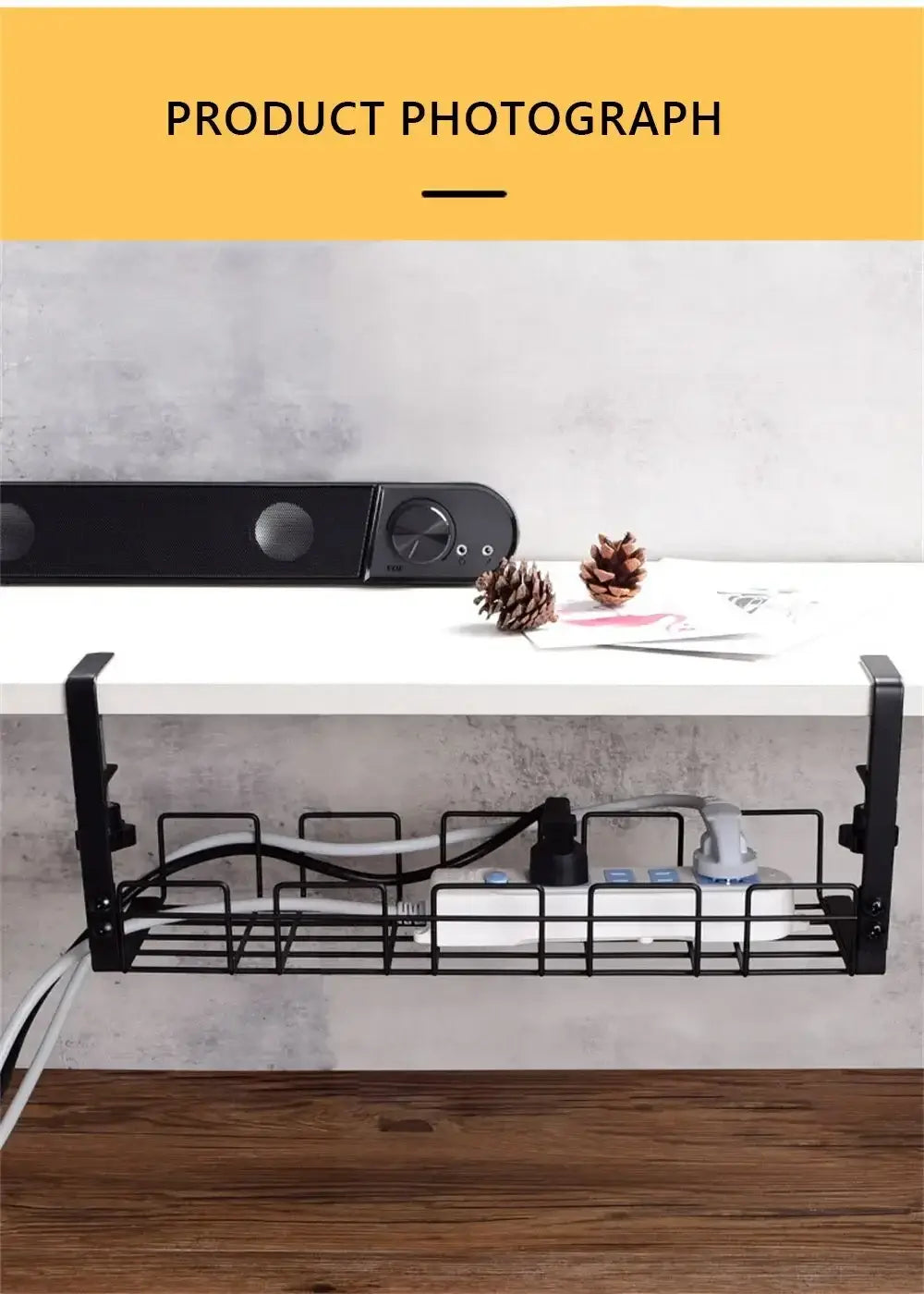 black metal wire cable management shelf with adjustable brackets and grid design for under desk organization