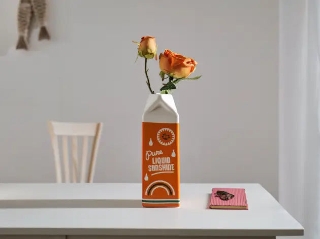 Vase en céramique orange et blanc conçu comme une brique de lait, avec une marque « pure liquid sunshine » et un design arc-en-ciel intitulé « orange juice carton ceramic vase ».