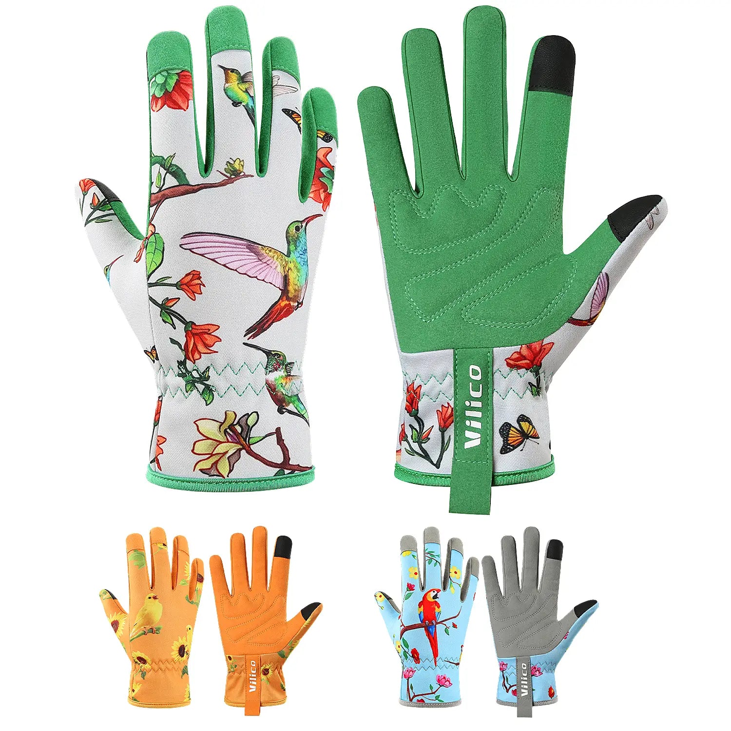 Floral touchscreen gardening gloves for women in green and white featuring a vibrant hummingbird and floral pattern with touchscreen-compatible fingertips.