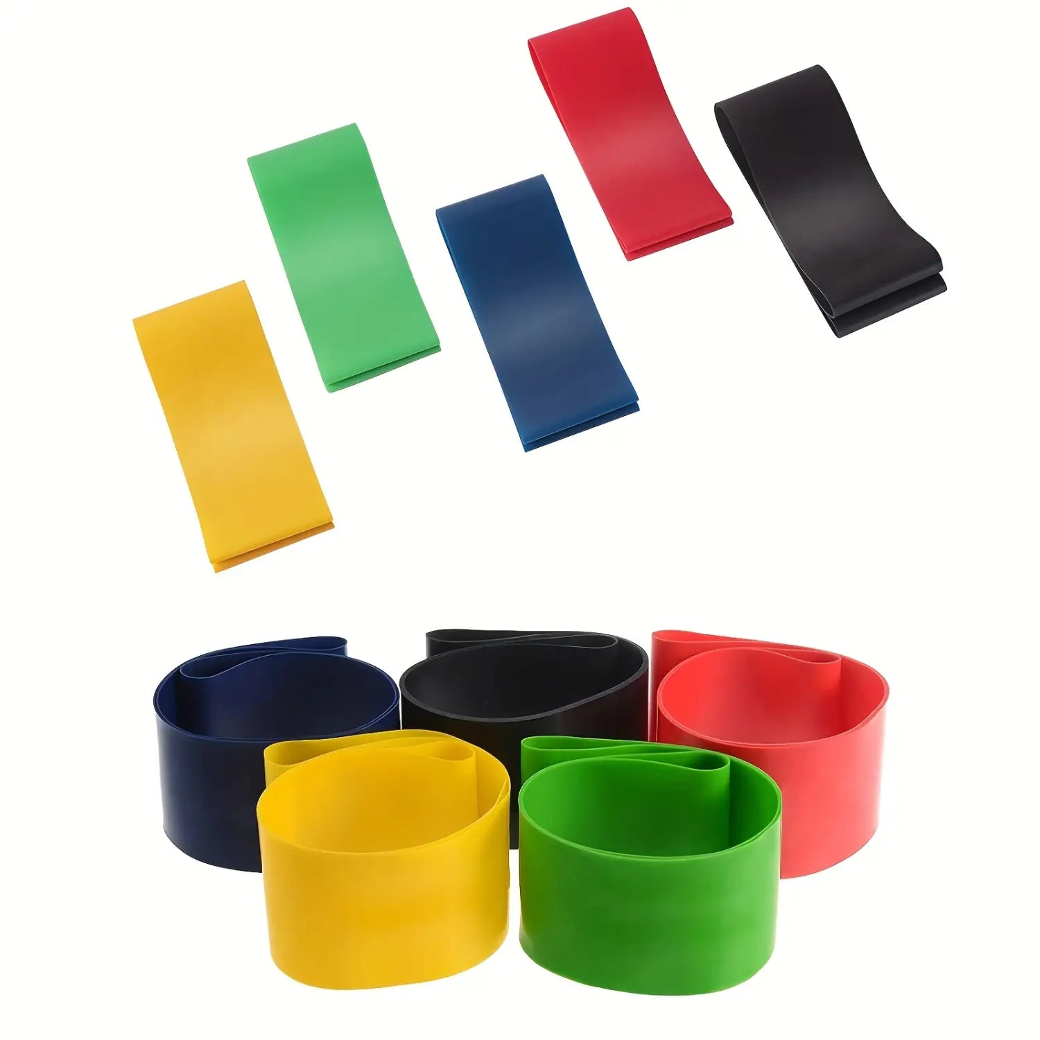 Set of colorful rubber resistance bands in yellow green blue red and black designed for full body fitness exercises.