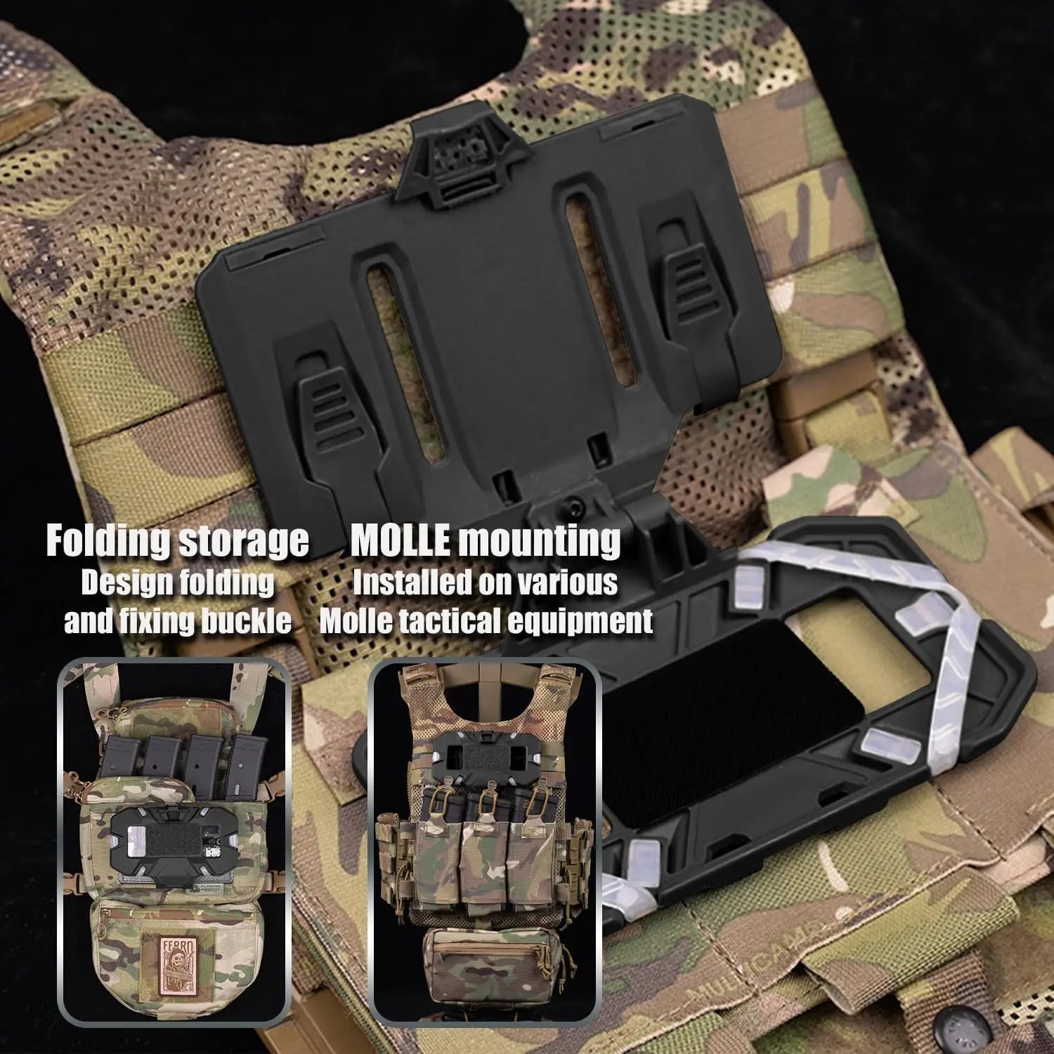 black plastic tactical molle phone navigation board with folding storage and fixing buckle for tactical gear mounting shown from the back side