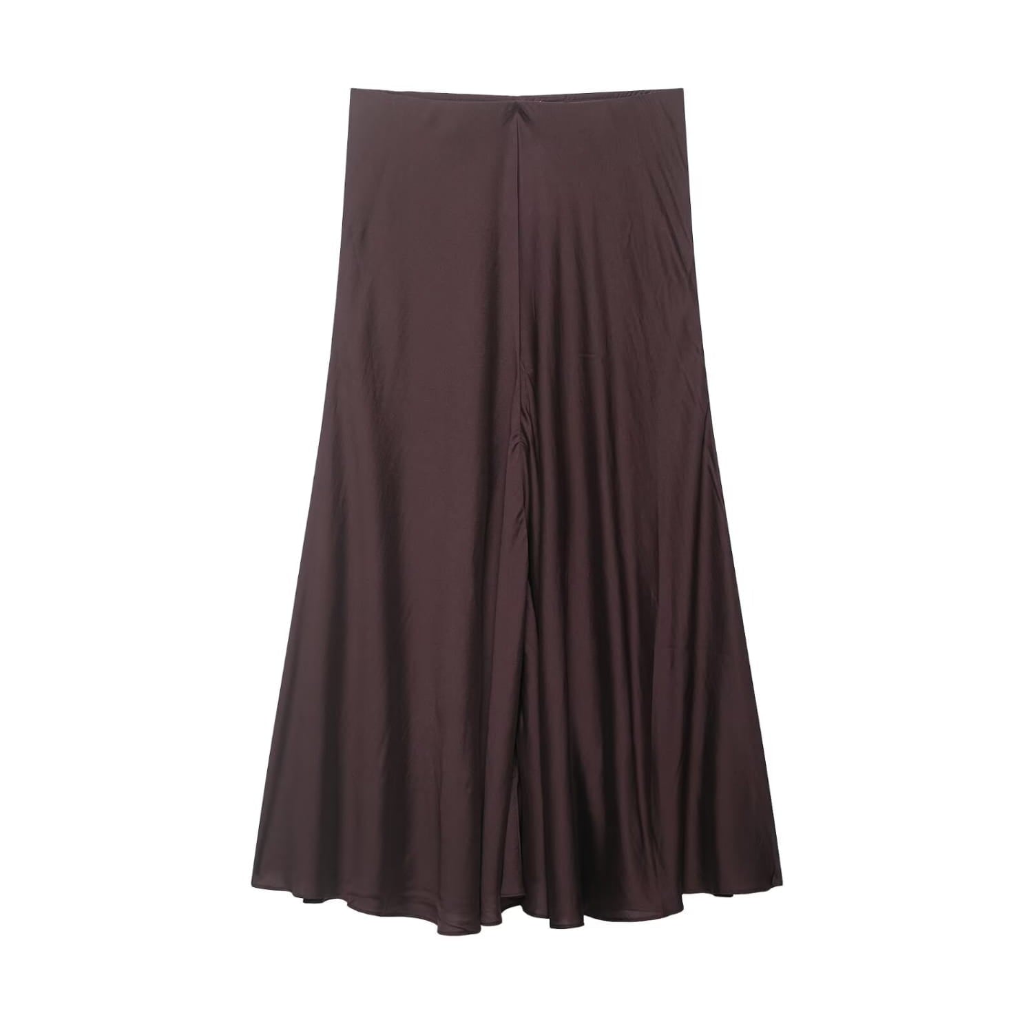 Ein eleganter dunkelbrauner Satin-Plisseerock im Midi-Format mit hoher Taille und einer A-Linien-Silhouette.
