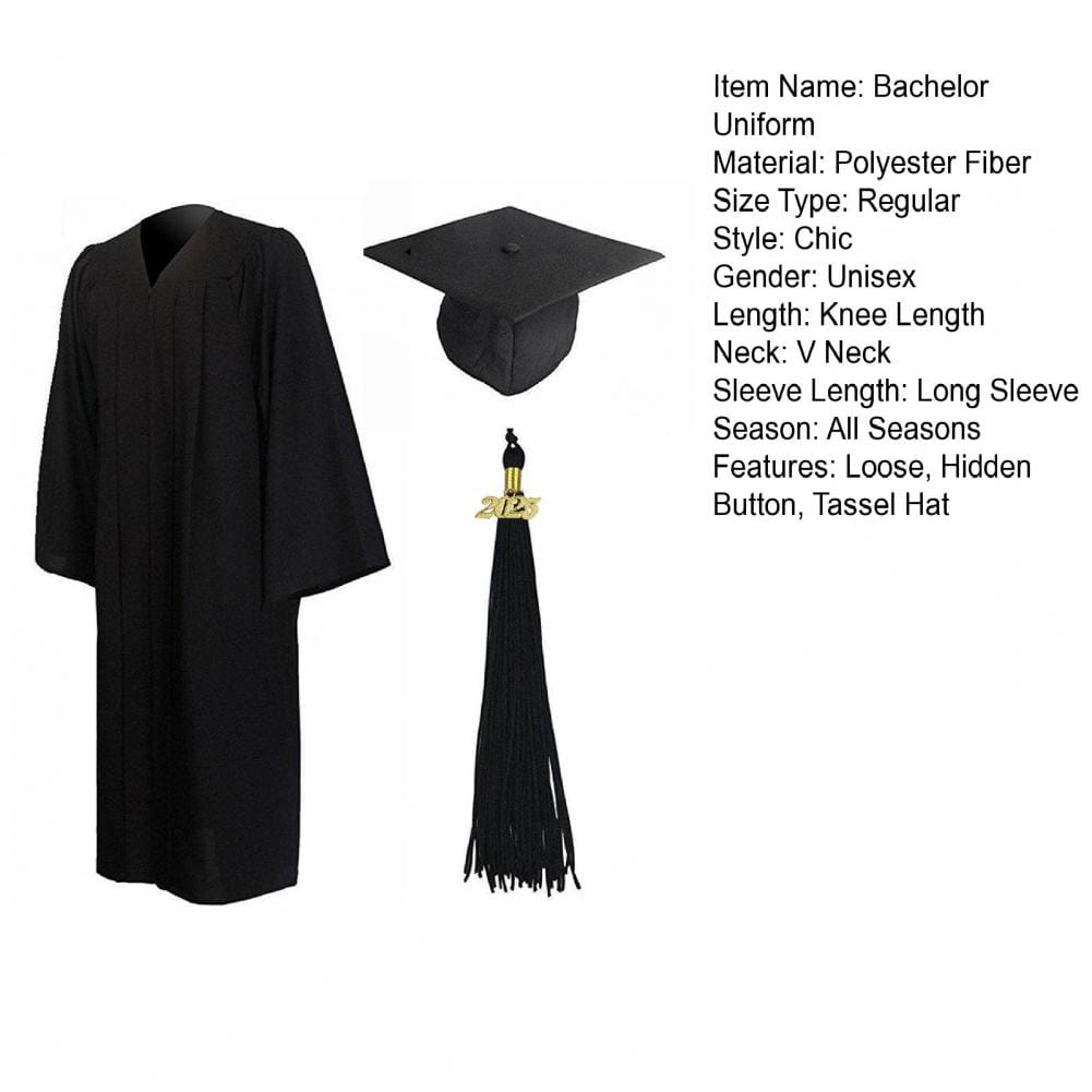 Vestimenta académica unisex para graduación, que incluye toga de poliéster negro para licenciatura con borla a juego, con escote en V y mangas largas; gorra/birrete negro a juego con borla, con herrajes metálicos de color dorado.