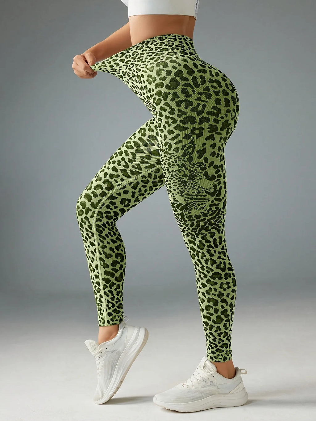 Women Green Leopard Print Fleece Lined Leggings Mid Waist Stretch Fitness Yoga Sports Pants