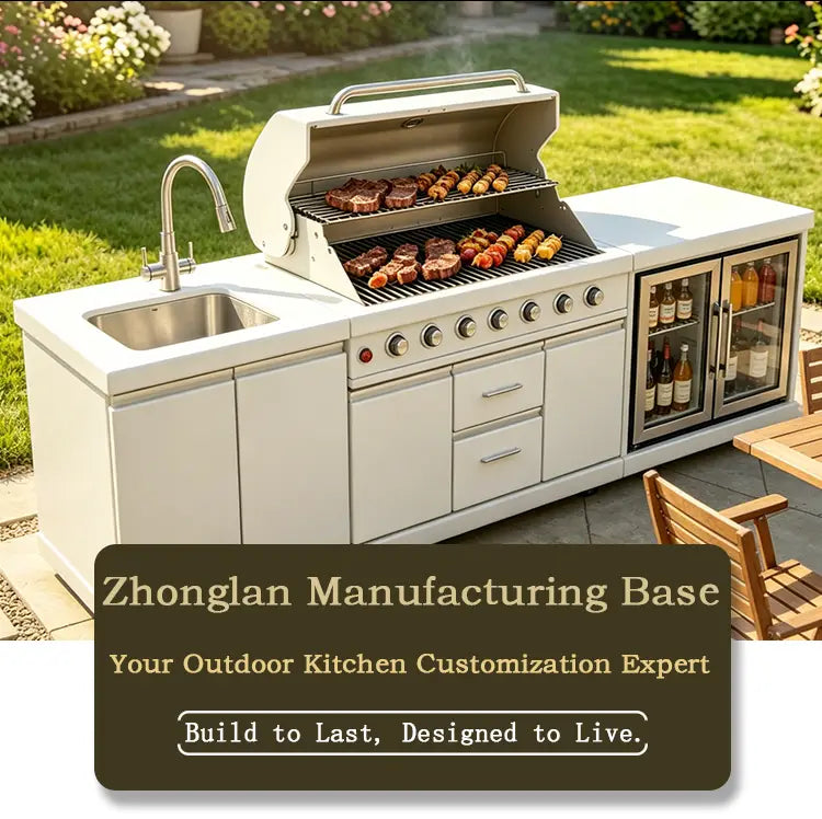 Edelstahl-Outdoorkücheninsel und Grill-Set mit einem Edelstahlerdgaskgrill, einem eingebauten Waschbecken sowie einem integrierten Kühlschrank mit Glastür, eingebunden in eine moderne Outdoorküchen-Einheit.