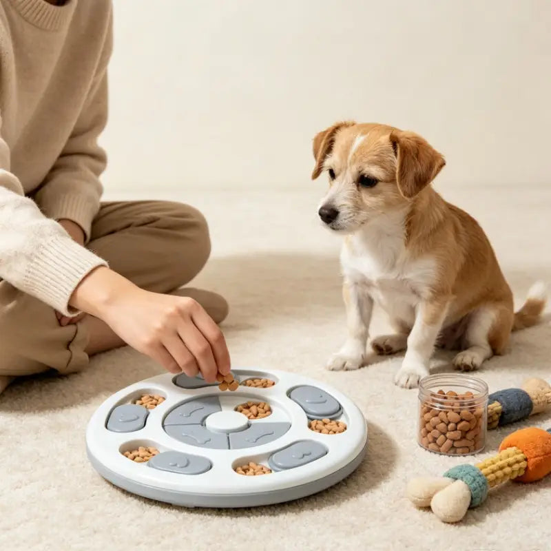 white circular interactive educational slow feeder dog toy with gray paw-shaped compartments and central rotating mechanism for interactive educational feeding