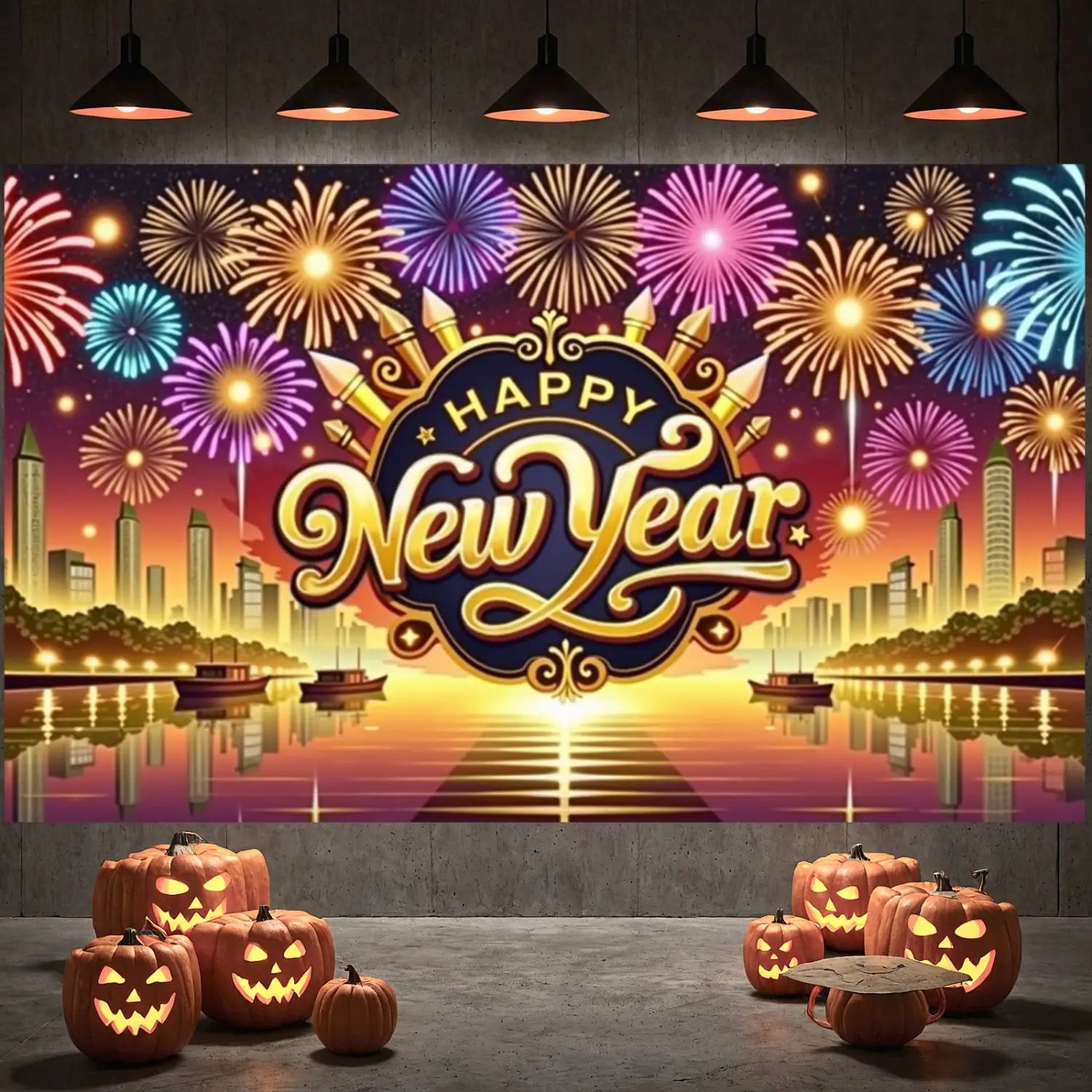 Estallido vibrante de fuegos artificiales multicolor sobre un emblema dorado de feliz año nuevo en una decoración de telón de fondo para fiesta de Año Nuevo de 2026, que incluye un horizonte urbano.