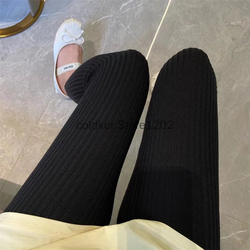 Knitted Leggings Slim Autumn Winter Women Ins High Waist Casual Korean Fashion Trousers Ribbed Elasticity Ankle-Length Pants