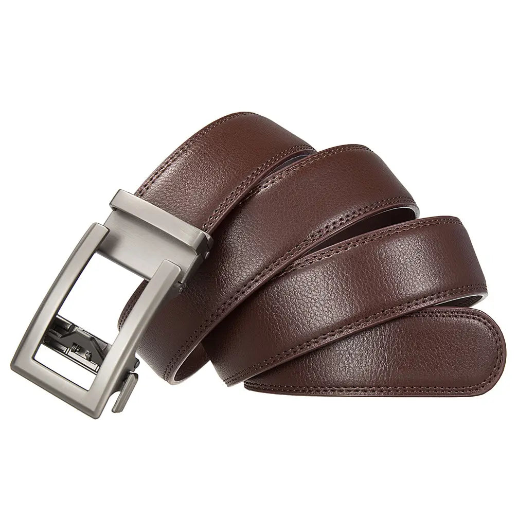 Brown leather mens automatic belt with a silver-toned buckle designed for formal use and featuring a black strap.