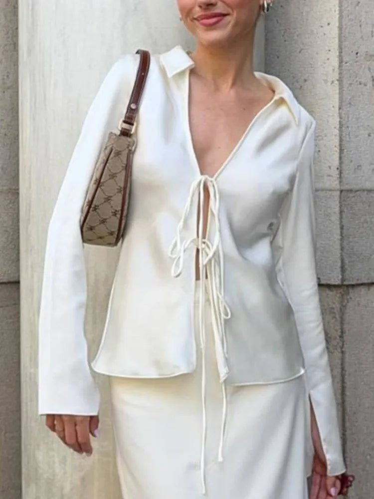Women's Elegant Satin Shirt Blouses Lapel Long Sleeve Bowknot Lace-up Shirts Tops Female Temperament Slim V-neck Tops Streetwear