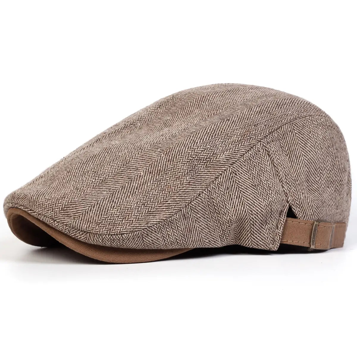 Herren graue Herringbone-Flat-Cap mit beigem Herringbone-Muster, braunem Schirmstoff und verstellbarem Riemen, von der Rückseite gezeigt.