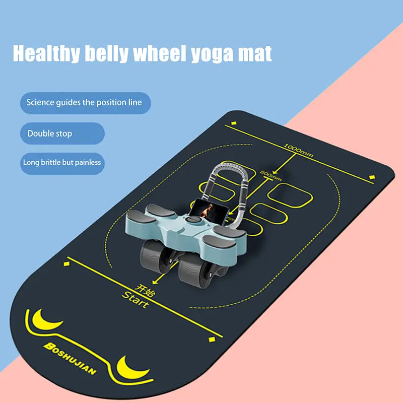 Black non slip TPE abdominal wheel mat with yellow measurement lines and branding featuring a light blue belly wheel exercise device on top.