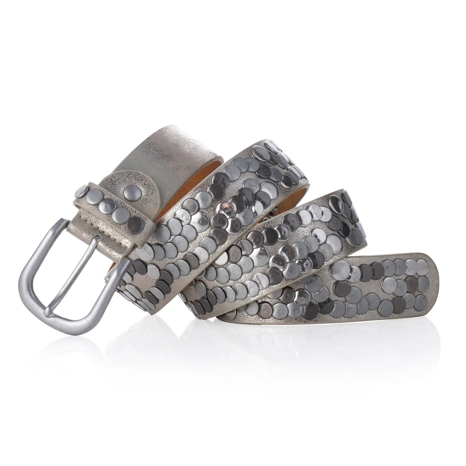 Ceinture punk en cuir clouté à tons argentés pour femmes, avec un motif dense de clous circulaires métalliques.