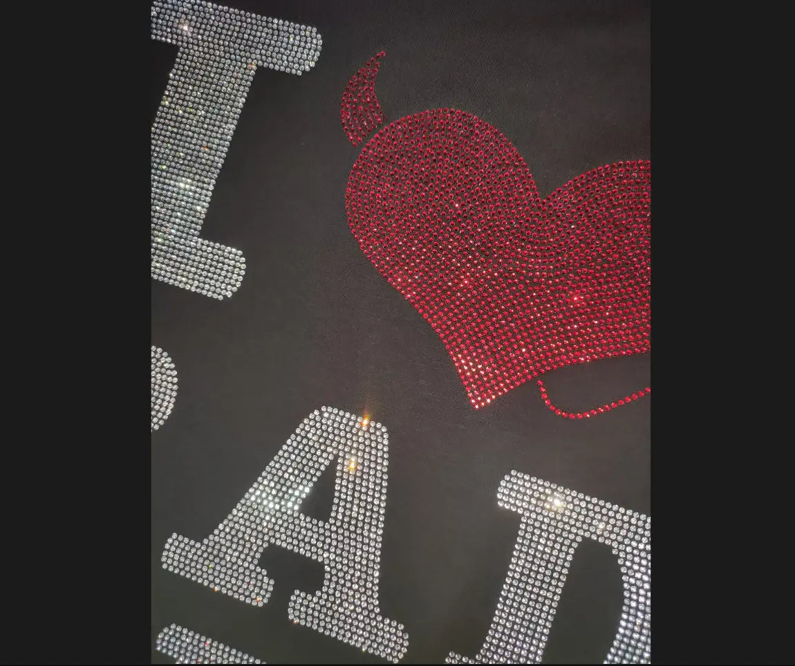 Men rhinestone devil bear graphic tee black t-shirt with a red rhinestone devil heart and silver rhinestone lettering.