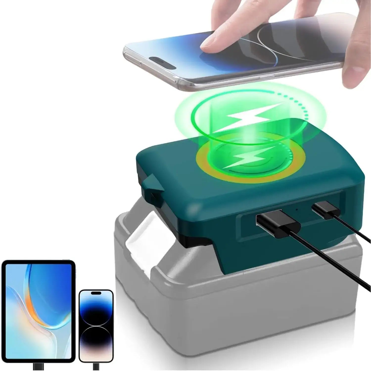 Teal and gray battery wireless charging adapter with dual USB ports for Makita Dewalt Milwaukee cordless tools.