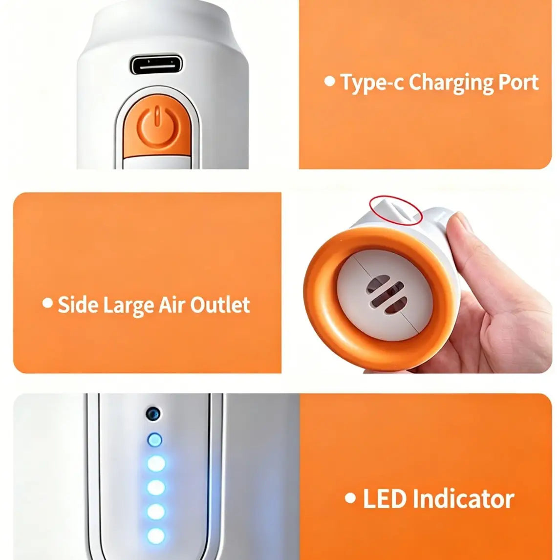 White and orange portable air pump with type-c charging port, large side air outlet, and led indicator lights for vacuum storage bags 17l vacuum storage.