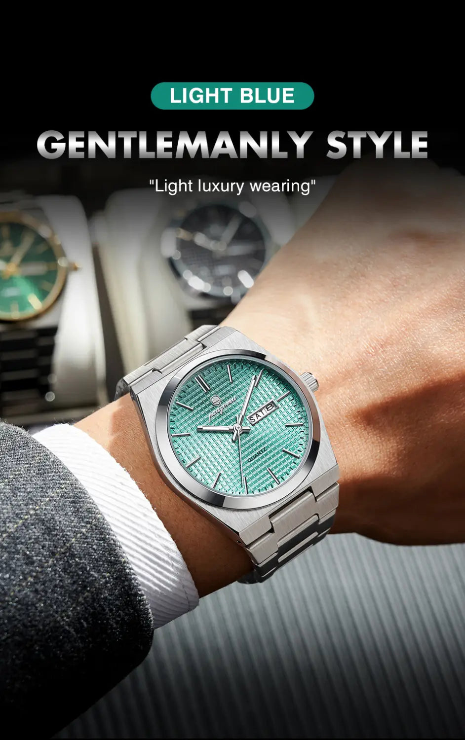 A sleek silver-toned stainless steel Paazomu luxury chronograph watch with a light blue textured dial and minimalist hour markers worn on a wrist.