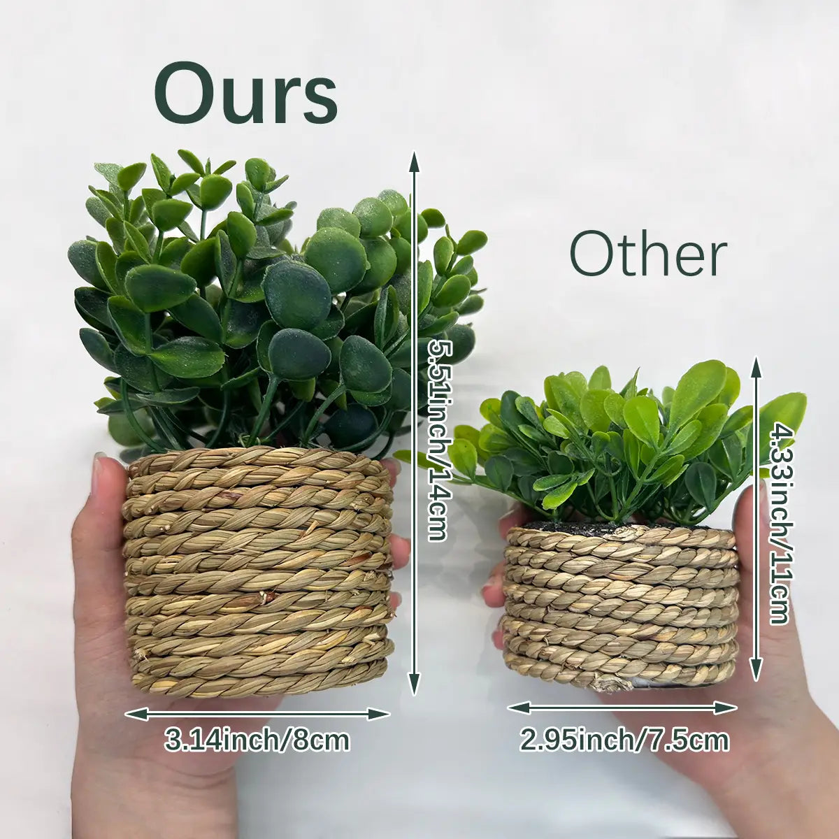 handheld woven rattan planter with lush green artificial eucalyptus flowers and small potted plants measuring 17cm